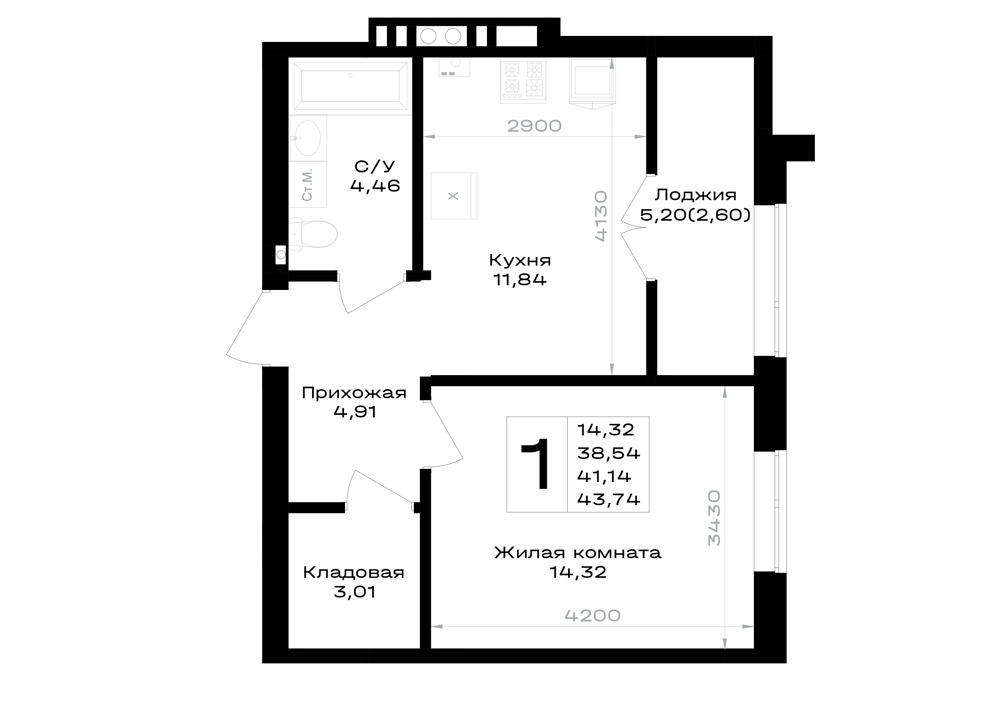 1-комнатная 41 м2 в ЖК Включи корпус null этаж 2