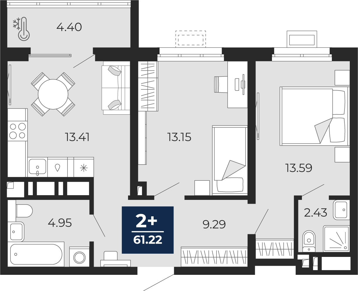 2-комнатная 56 м2 в ЖК Беринг корпус null этаж 14