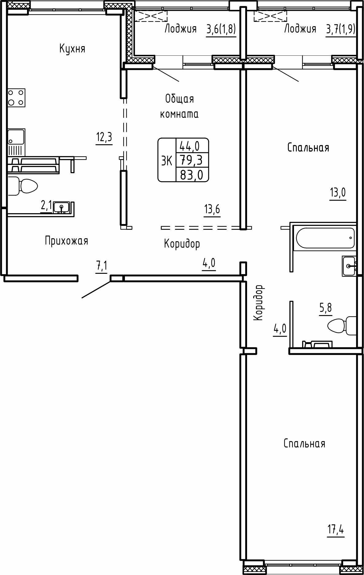 3-комнатная 83 м2 в ЖК Самоцветы корпус null этаж 13