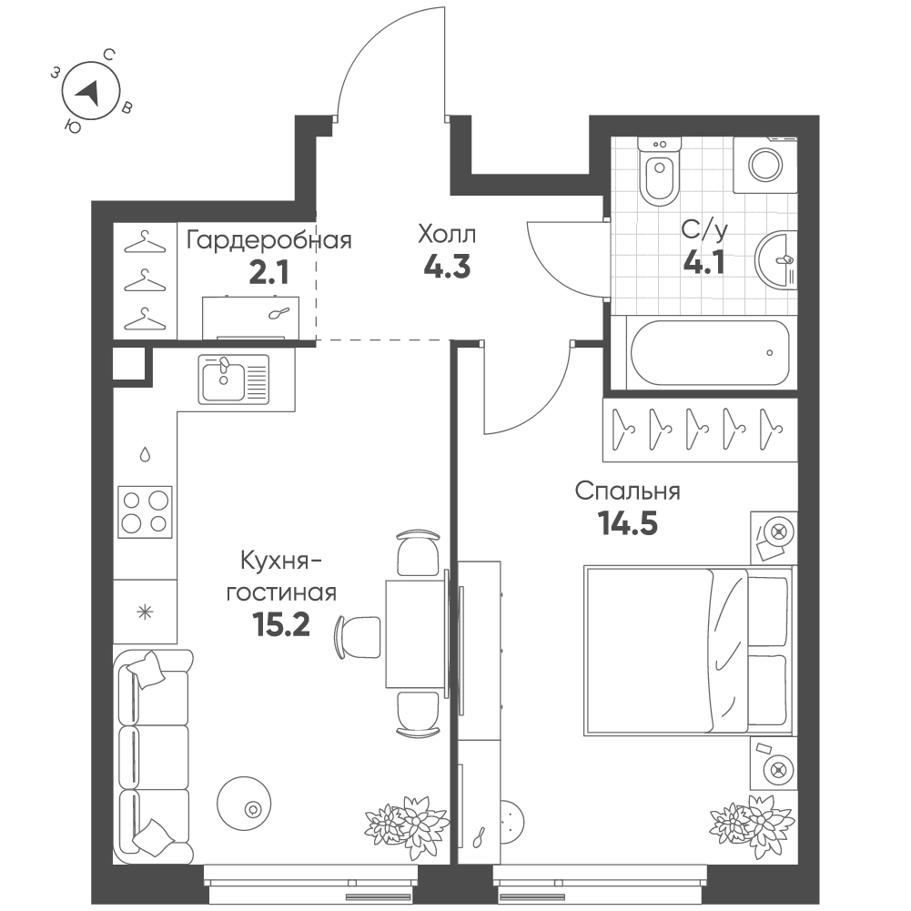1-комнатная 40 м2 в ЖК Shagal корпус null этаж 5