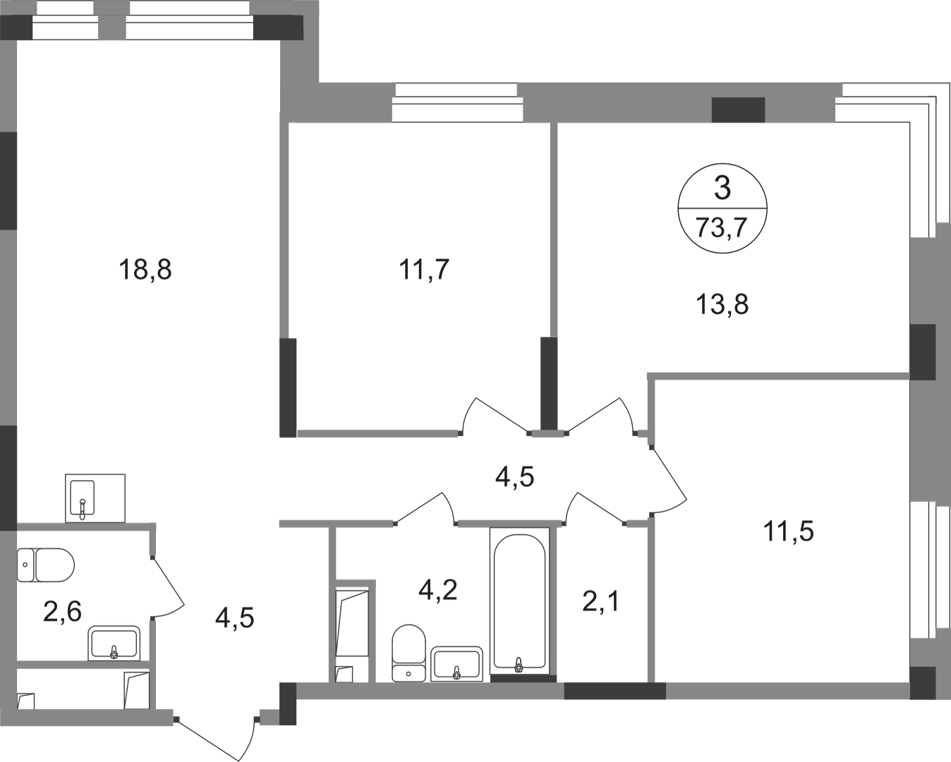 3-комнатная 73 м2 в ЖК Первый Московский корпус null этаж 8