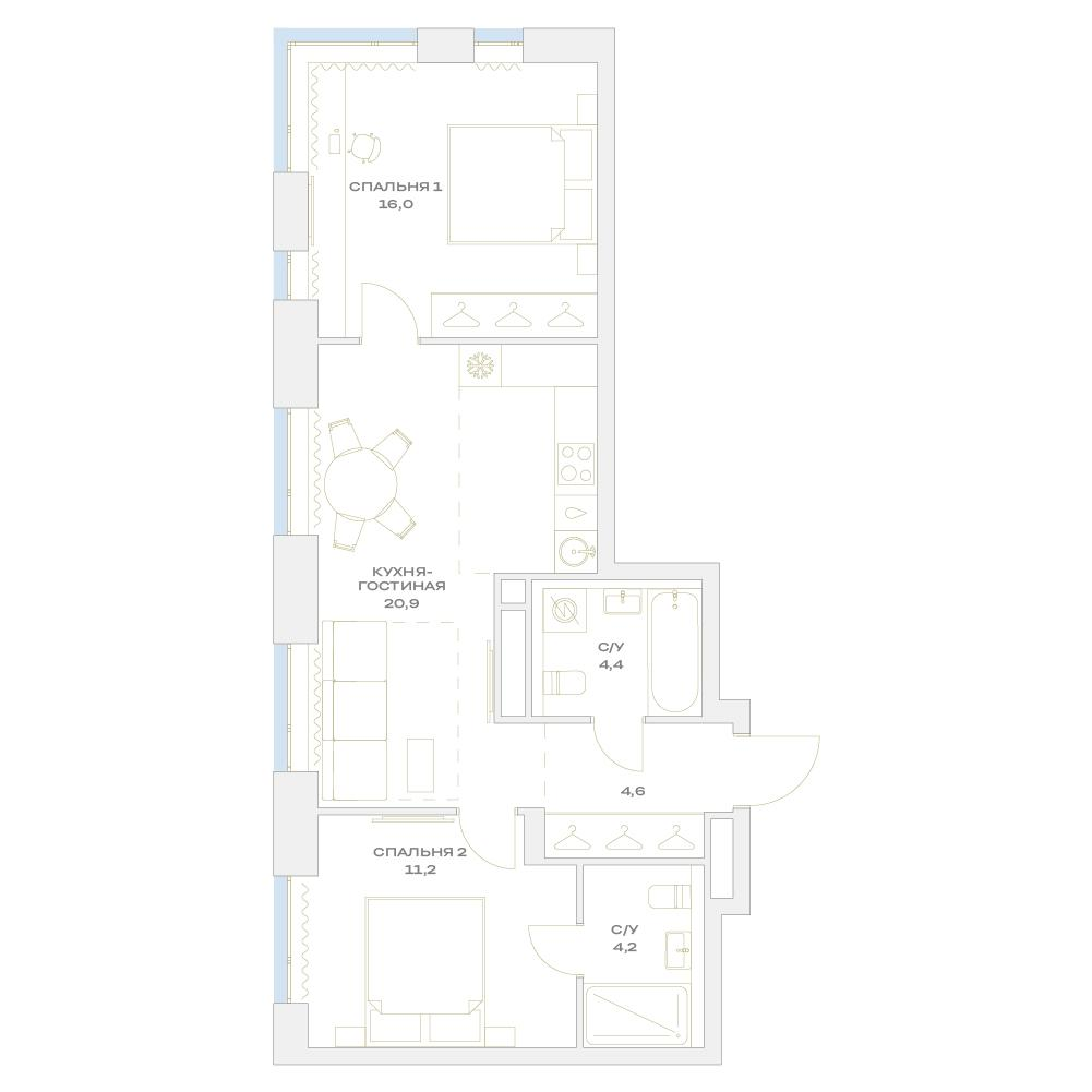 3-комнатная 61 м2 в ЖК Детали корпус null этаж 3