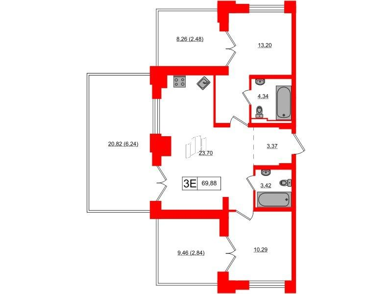 2-комнатная 69 м2 в ЖК Alpen корпус null этаж 10