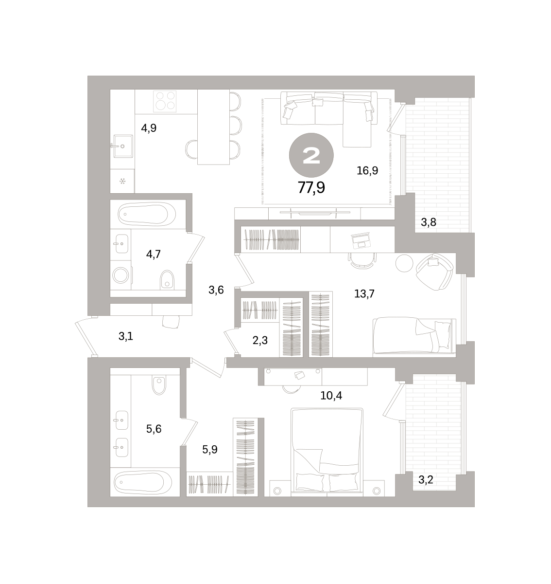 2-комнатная 77 м2 в ЖК Северный ветер корпус null этаж 4