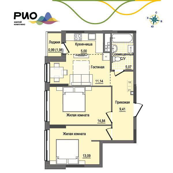 2-комнатная 59 м2 в ЖК Рио корпус null этаж 12
