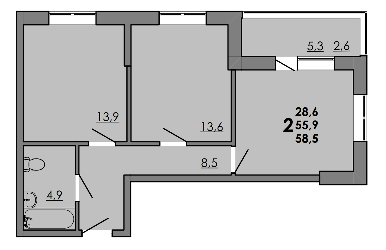 2-комнатная 58 м2 в ЖК GraY 2 корпус null этаж 2