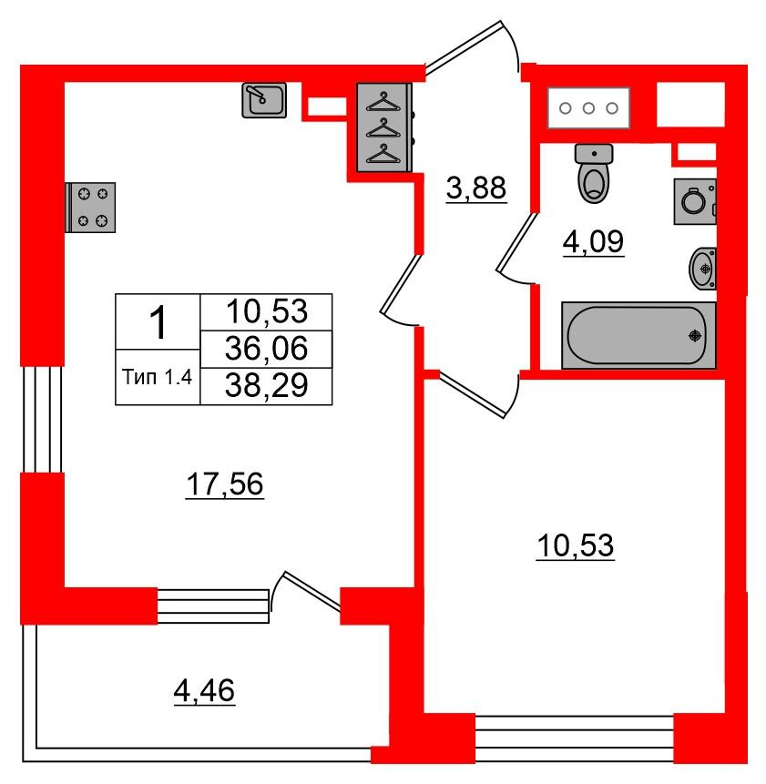1-комнатная 36 м2 в ЖК Setl Ривьера корпус null этаж 4