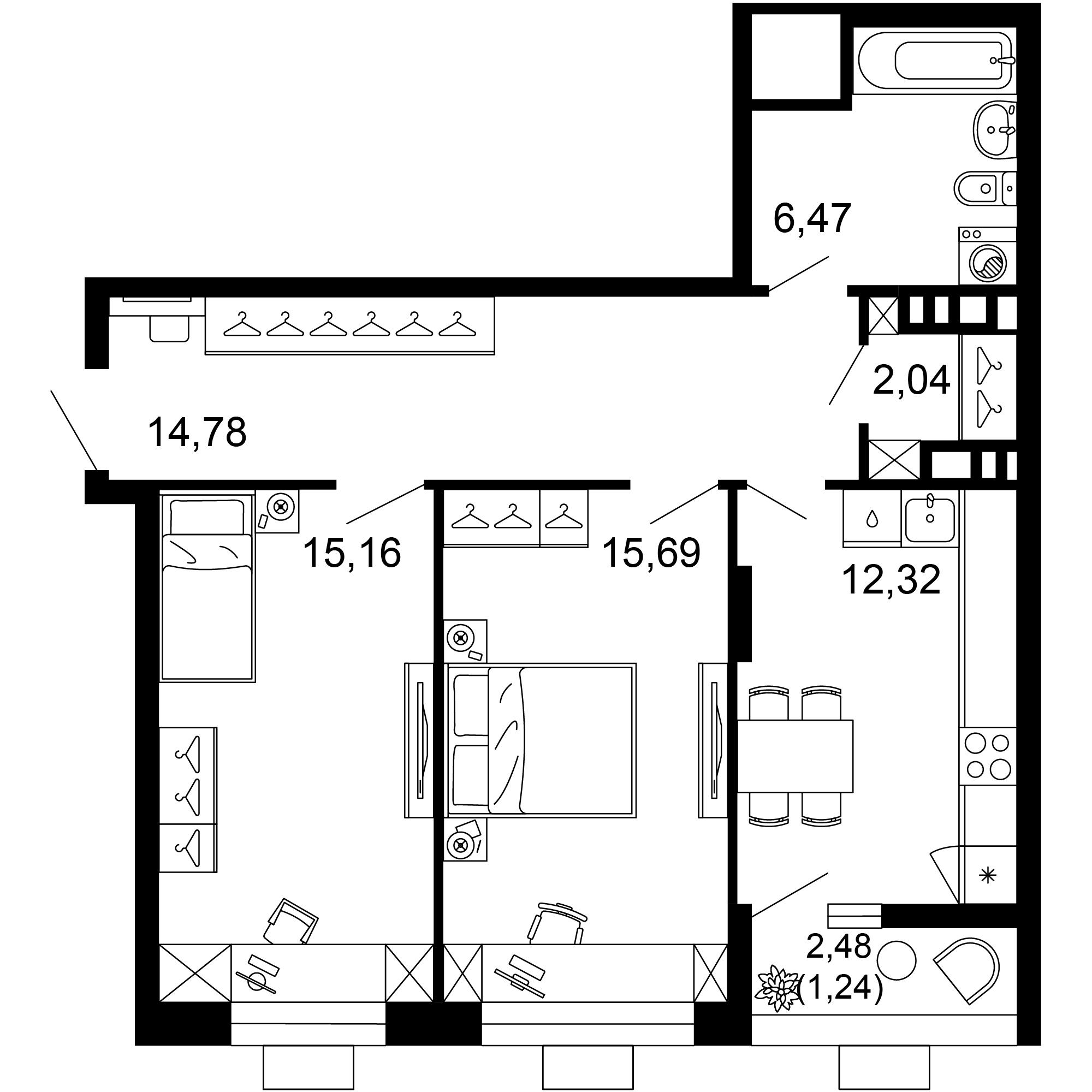 2-комнатная 67 м2 в ЖК 1799 корпус null этаж 9