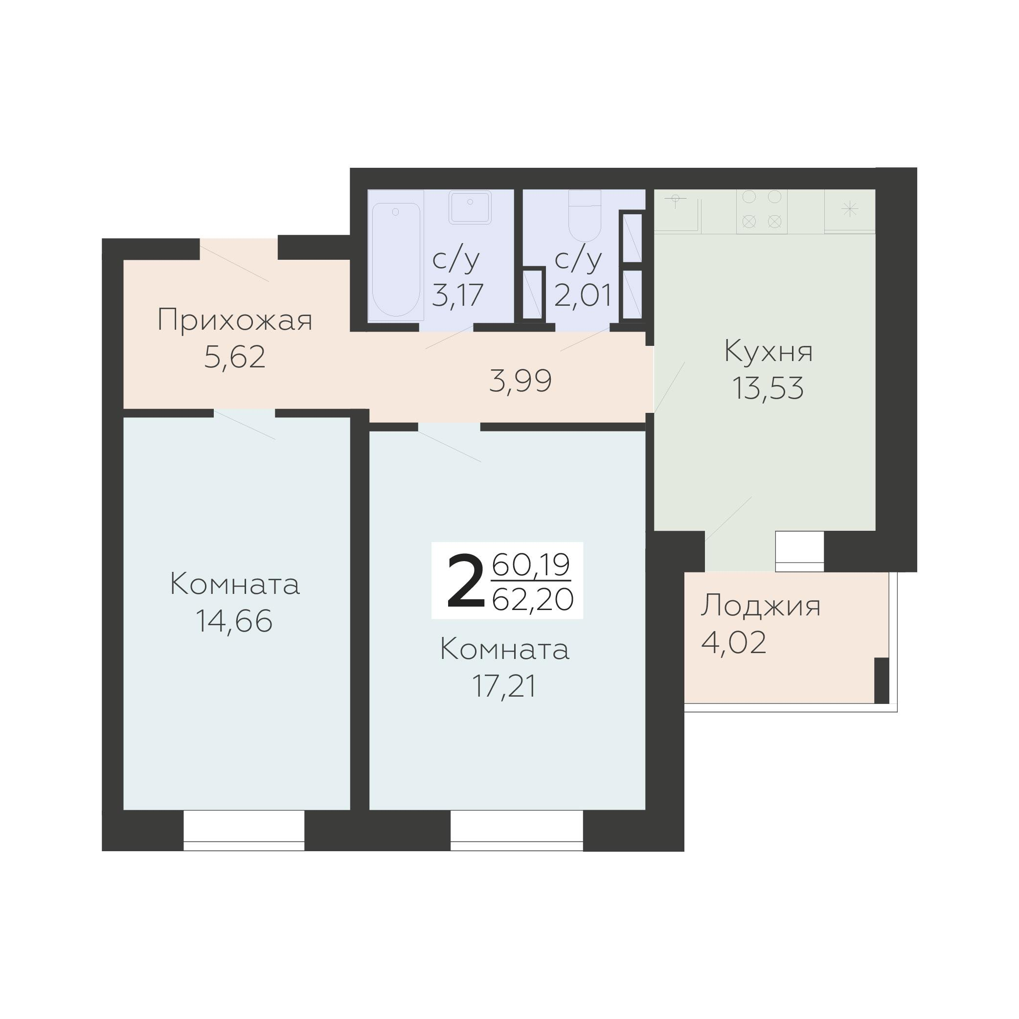 2-комнатная 62 м2 в ЖК Nova парк корпус null этаж 6