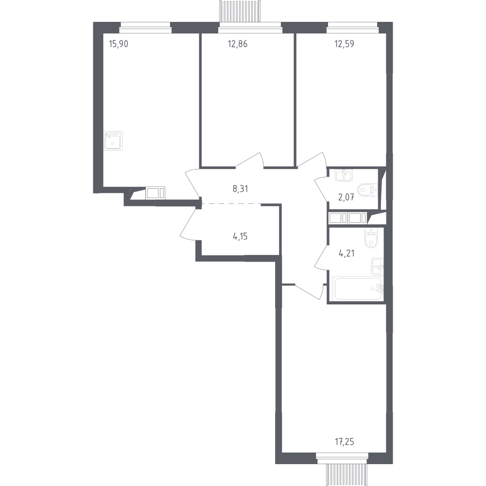3-комнатная 76 м2 в ЖК Мытищи Парк корпус null этаж 3