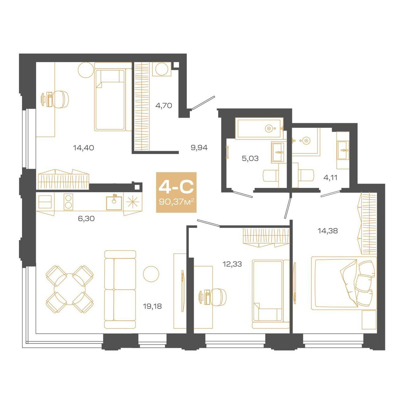 4-комнатная 90 м2 в ЖК Пульсар корпус null этаж 20