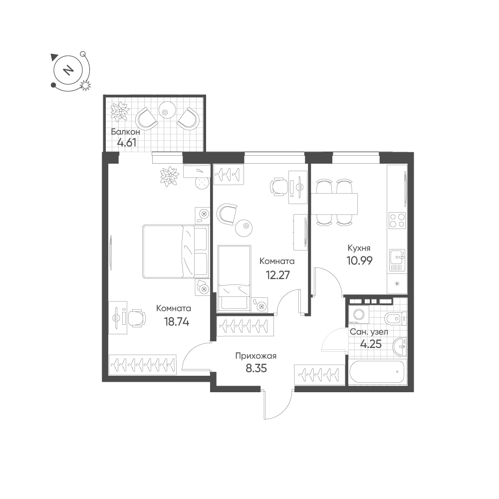2-комнатная 55 м2 в ЖК Балтым-Парк корпус null этаж 3