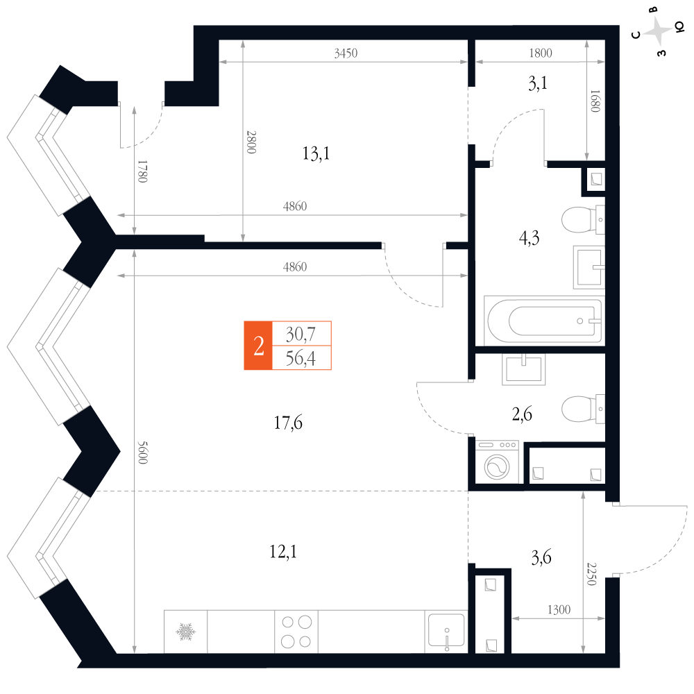 2-комнатная 56 м2 в ЖК Фордевинд корпус null этаж 15
