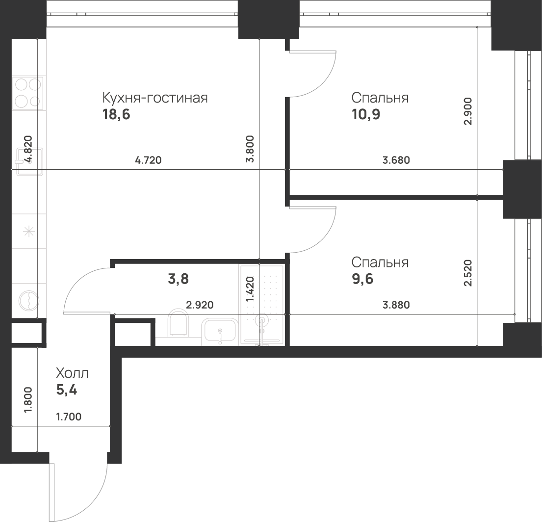 2-комнатная 48 м2 в ЖК Voice Towers корпус null этаж 3