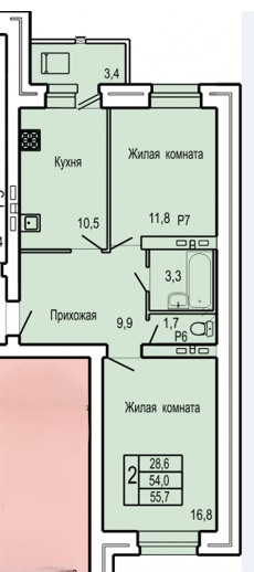 2-комнатная 55.7 м2 в ЖК undefined корпус null этаж 7