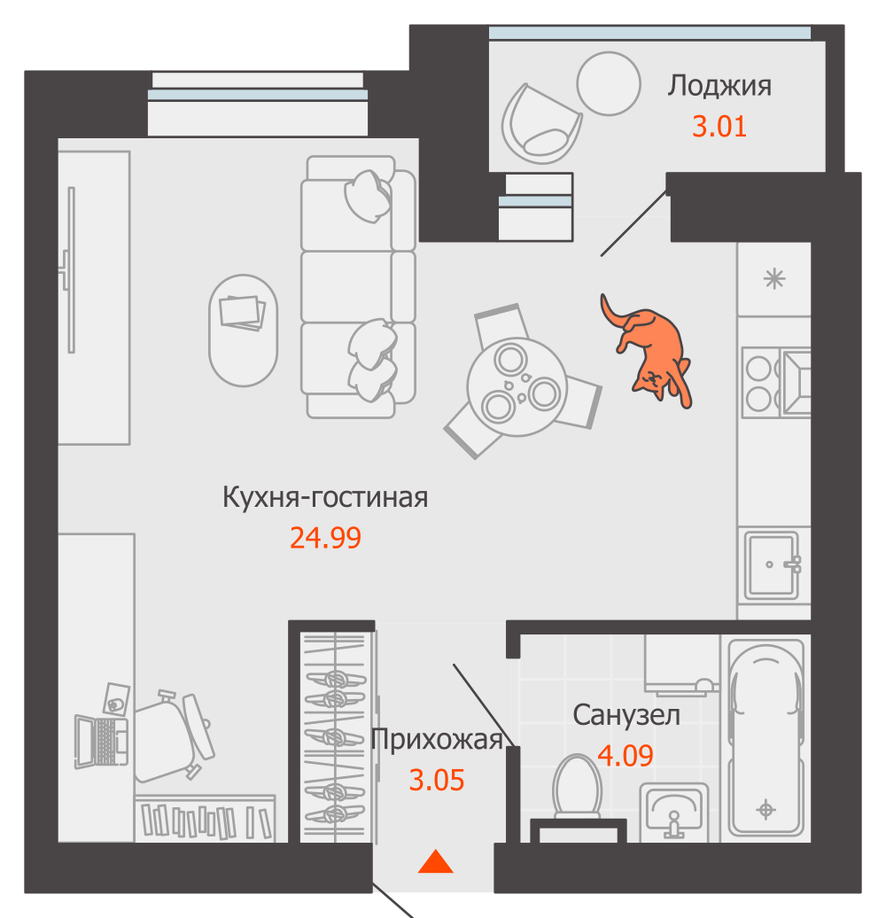 1-комнатная 34 м2 в ЖК ZNAK корпус null этаж 5