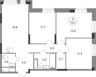3-комнатная 73 м2 в ЖК Первый Московский корпус null этаж 12