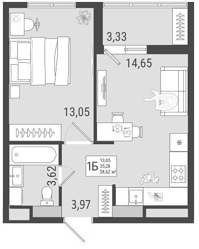1-комнатная 36 м2 в ЖК Юго-Западный корпус null этаж 10