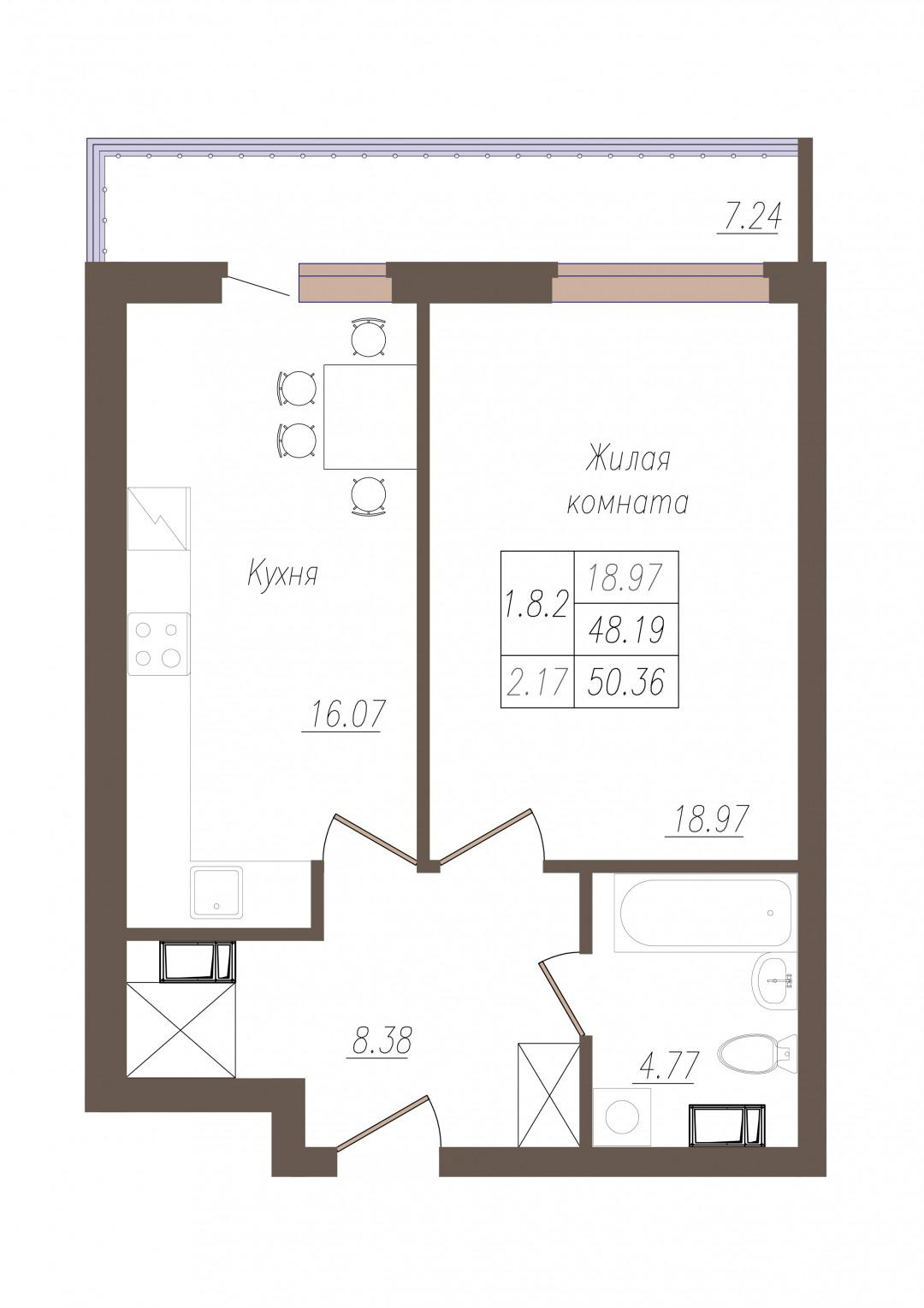 1-комнатная 50.6 м2 в ЖК undefined корпус null этаж 4