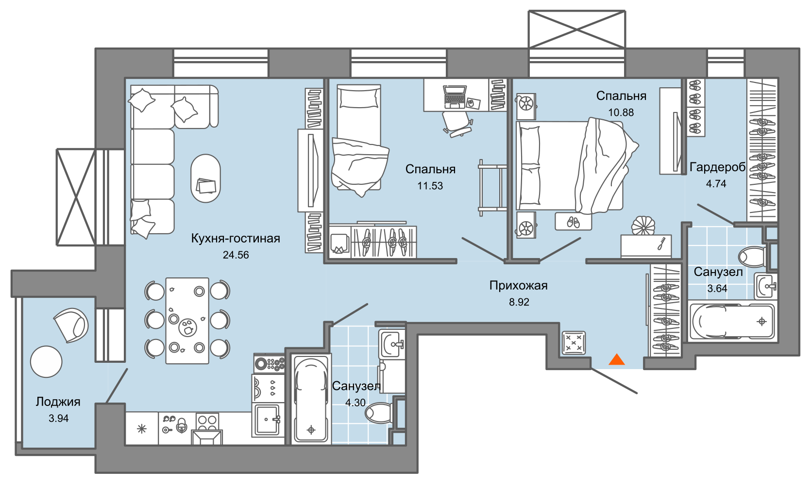 3-комнатная 71 м2 в ЖК Зарядное корпус null этаж 2