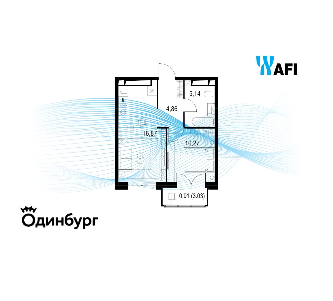1-комнатная 38 м2 в ЖК Одинбург корпус null этаж 19