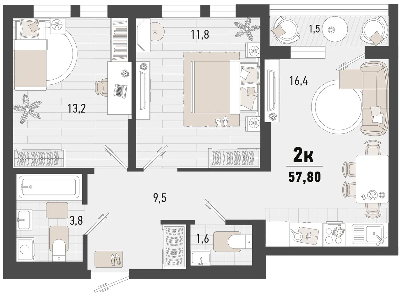 2-комнатная 56 м2 в ЖК Барса корпус null этаж 5