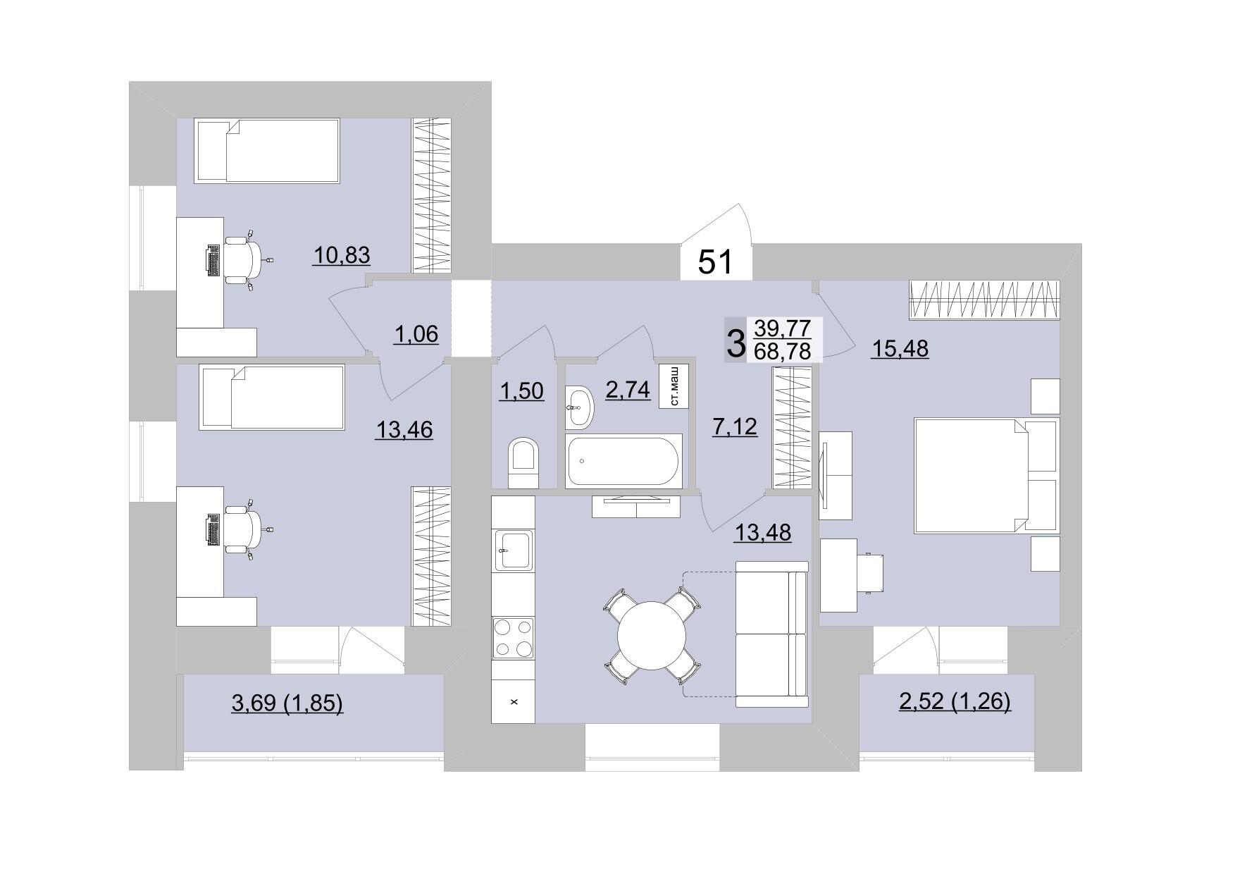 3-комнатная 71 м2 в ЖК Философия Идеалистов на Театральной корпус null этаж 9