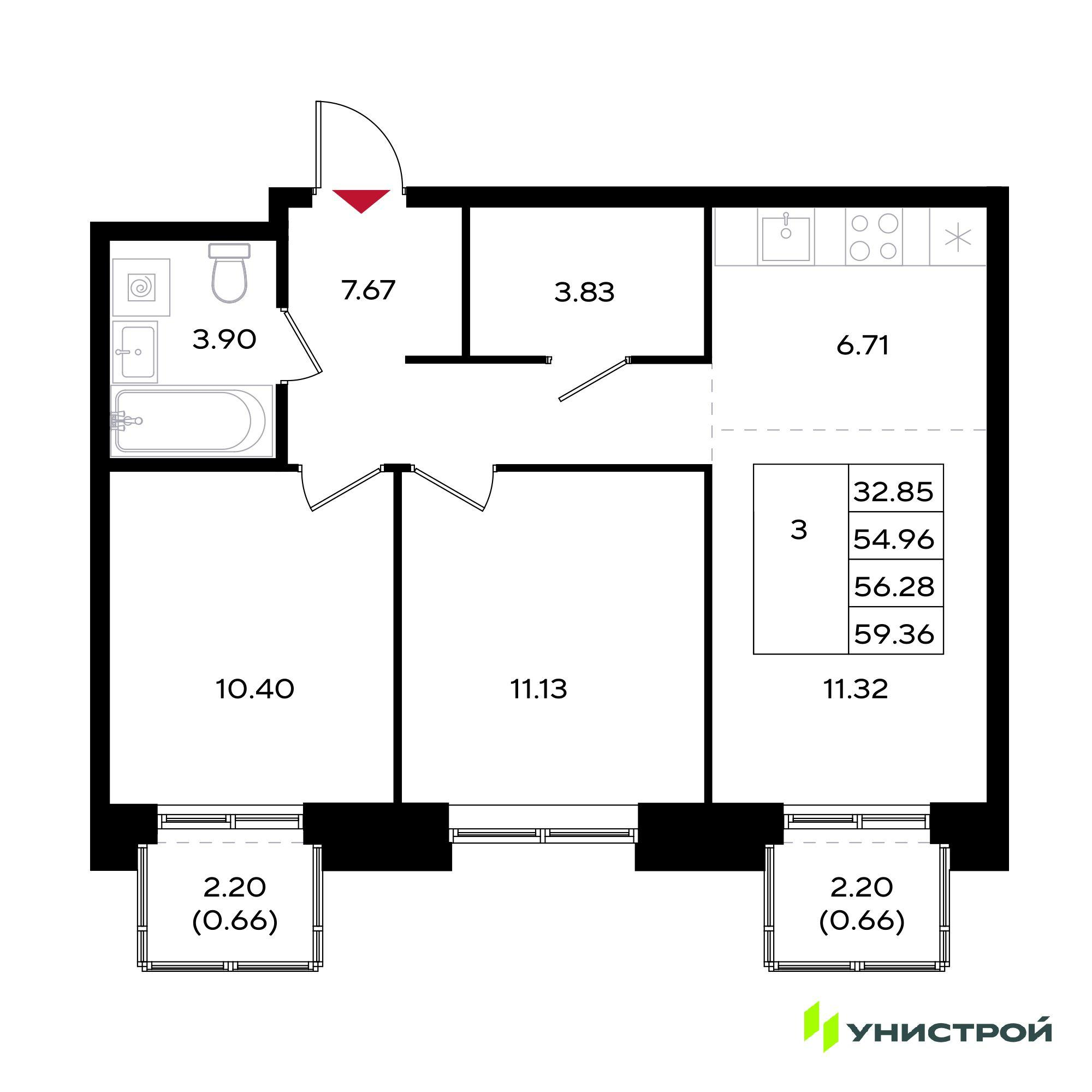 3-комнатная 56 м2 в ЖК Уникум на Энгельса корпус null этаж 13