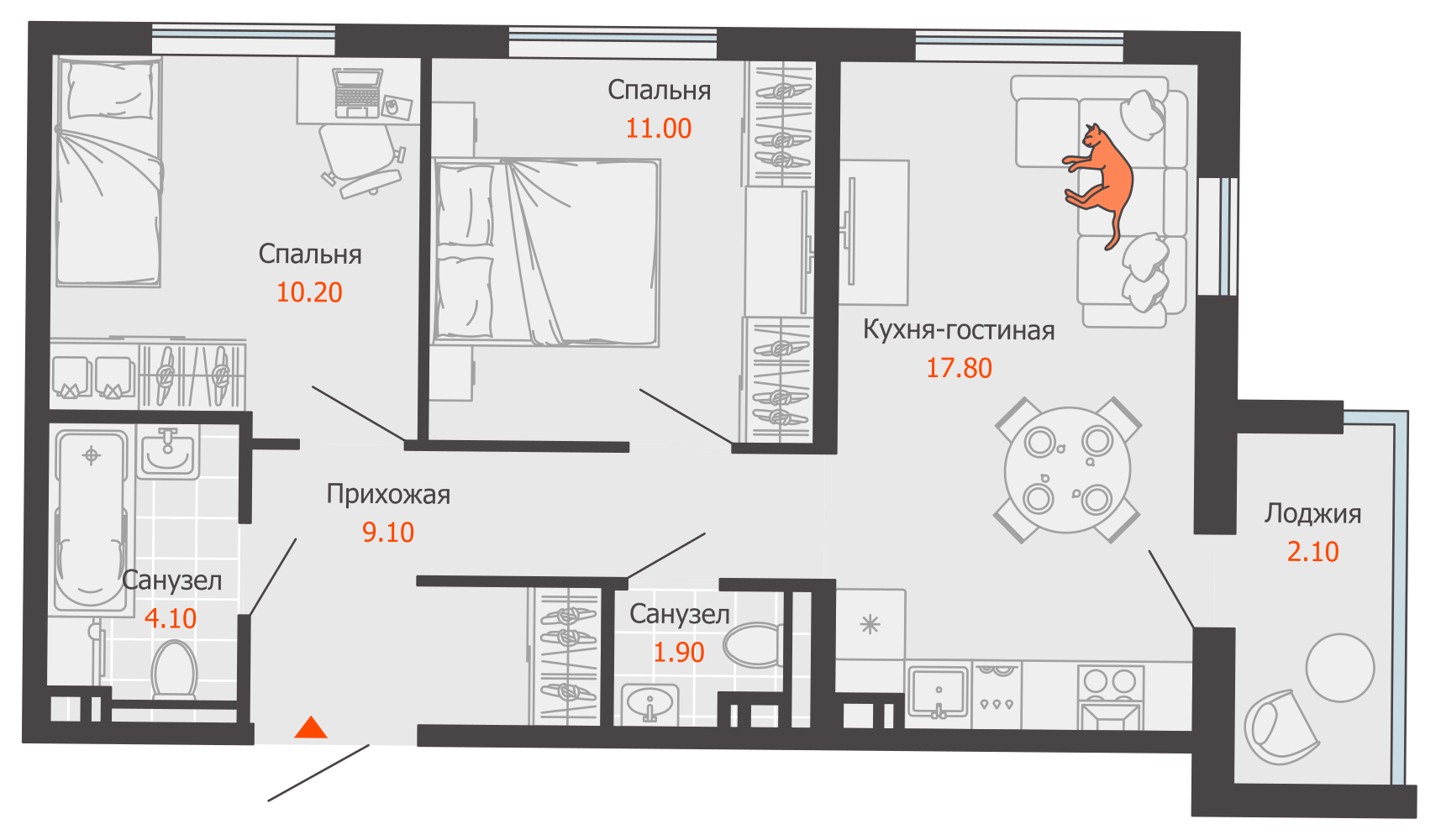 3-комнатная 56 м2 в ЖК ЖК Город Новаторов корпус null этаж 7