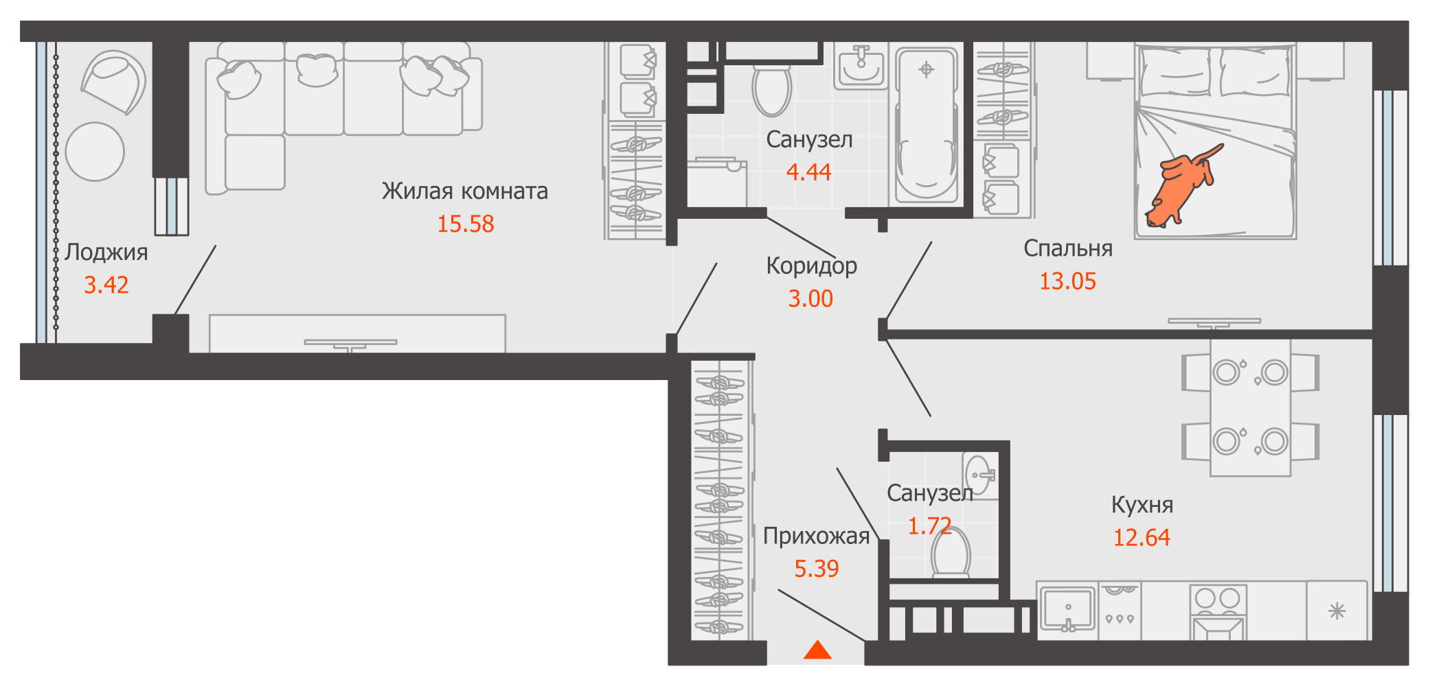2-комнатная 58 м2 в ЖК Камаполис корпус null этаж 2