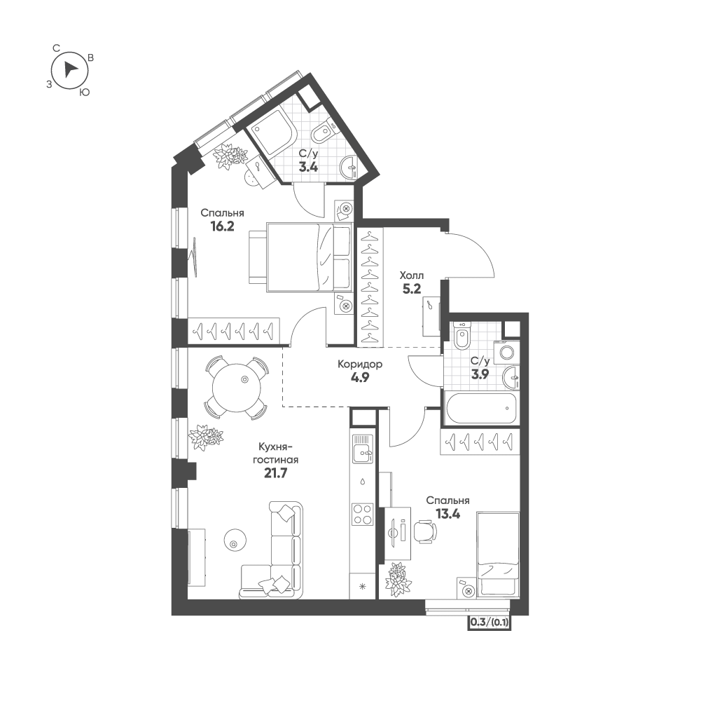 2-комнатная 68 м2 в ЖК Sokolinn Park корпус null этаж 19