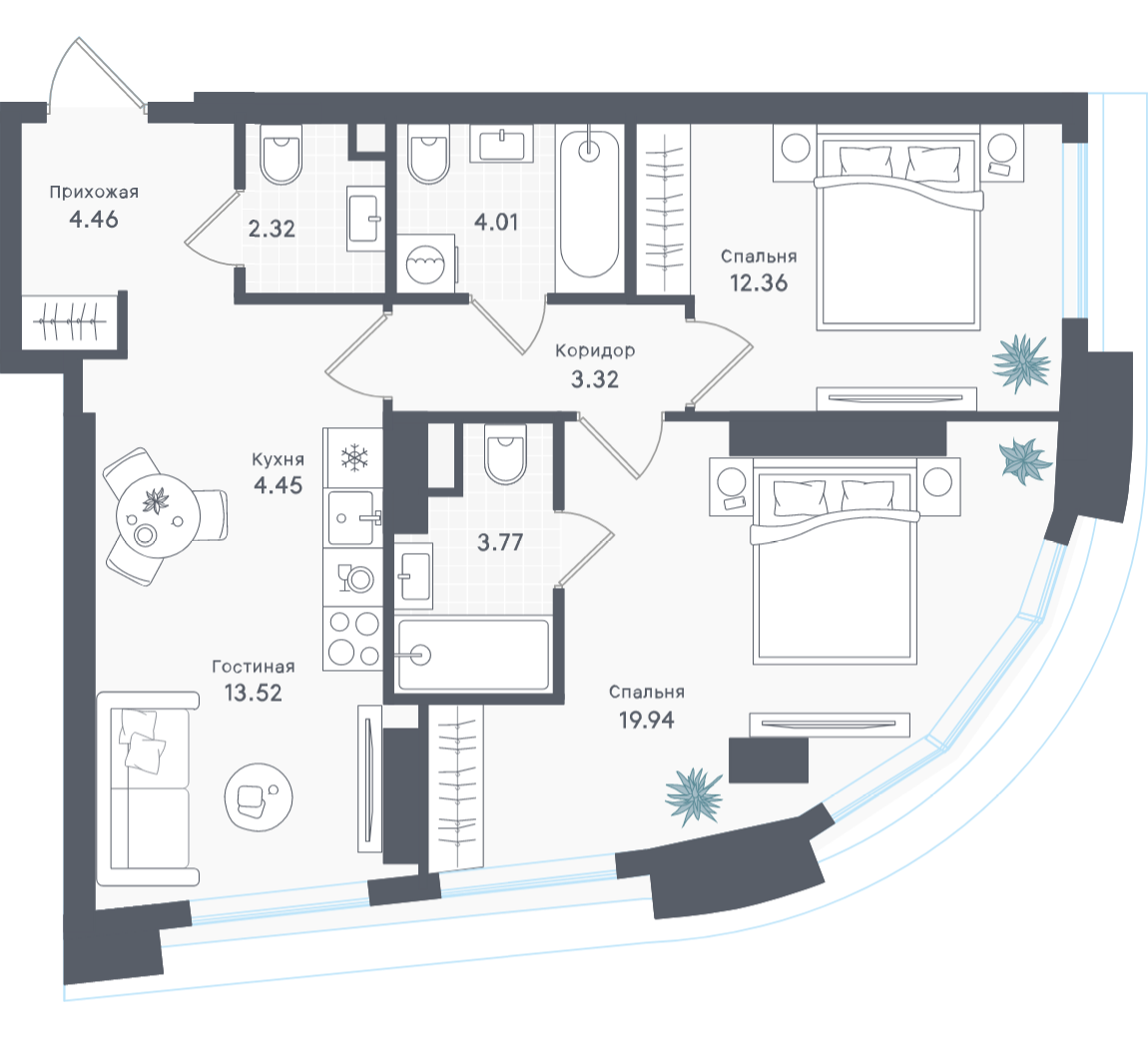 2-комнатная 68 м2 в ЖК Solos корпус null этаж 40