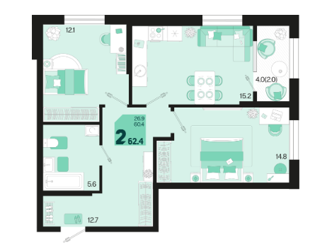 2-комнатная 62.4 м2 в ЖК undefined корпус null этаж 2