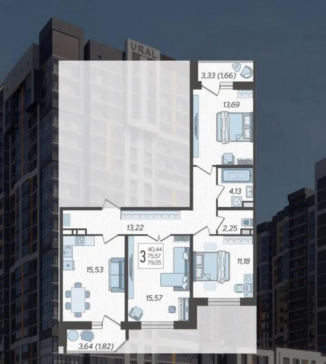 3-комнатная 79 м2 в ЖК undefined корпус null этаж 8