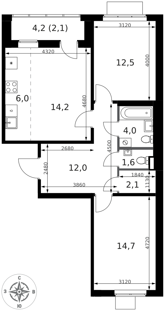 3-комнатная 69 м2 в ЖК 1-й Ясеневский корпус null этаж 5