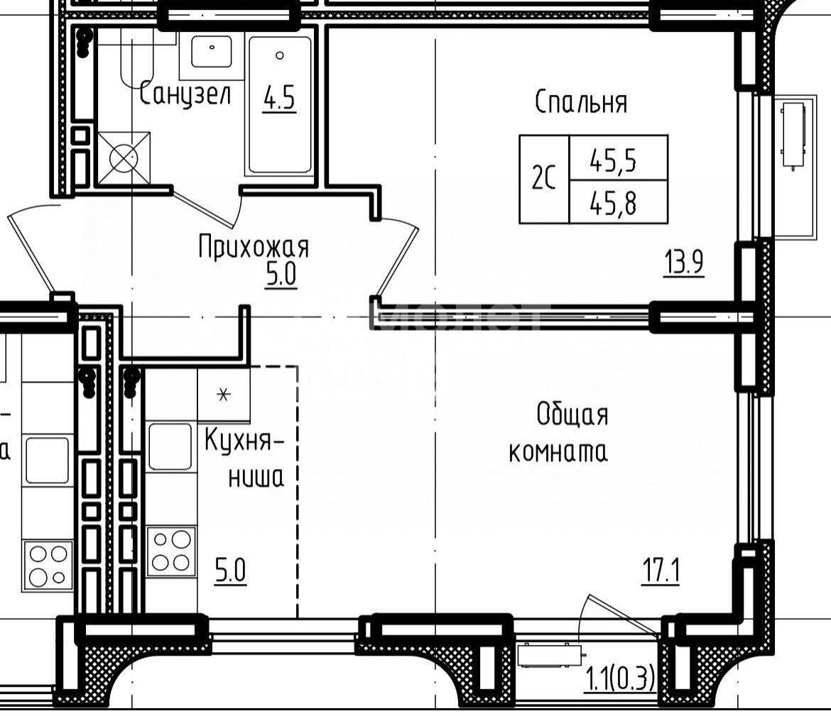1-комнатная 45.8 м2 в ЖК undefined корпус null этаж 8