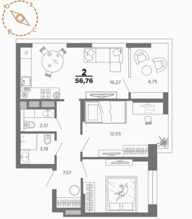 2-комнатная 57 м2 в ЖК undefined корпус null этаж 9