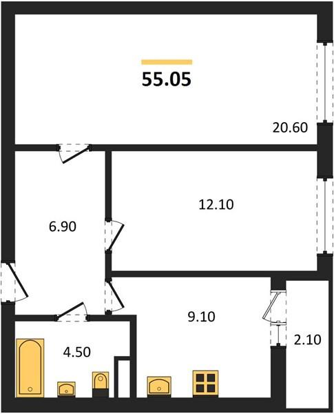 2-комнатная 55 м2 в ЖК undefined корпус null этаж 15