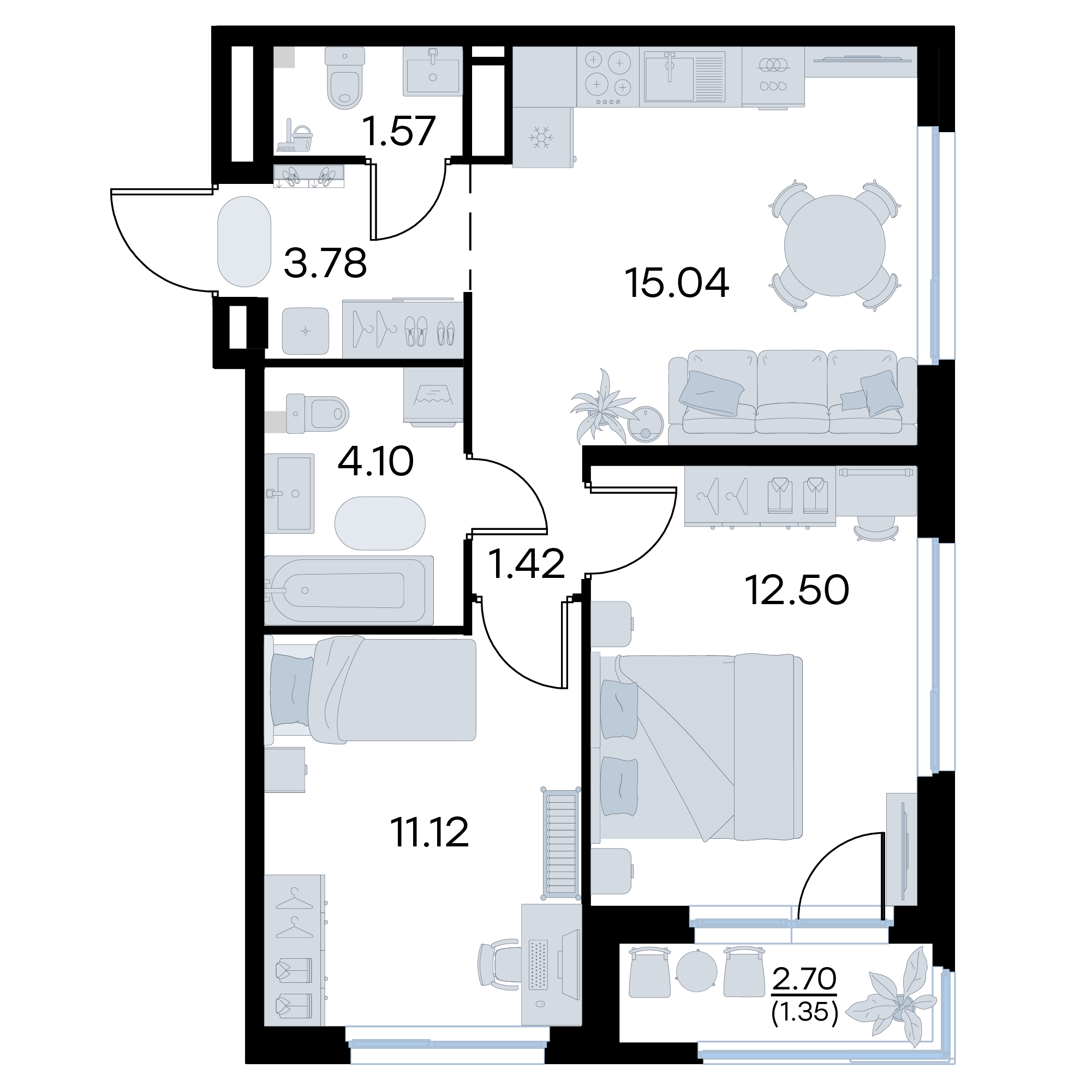 2-комнатная 50 м2 в ЖК GloraX Октябрьский корпус null этаж 16