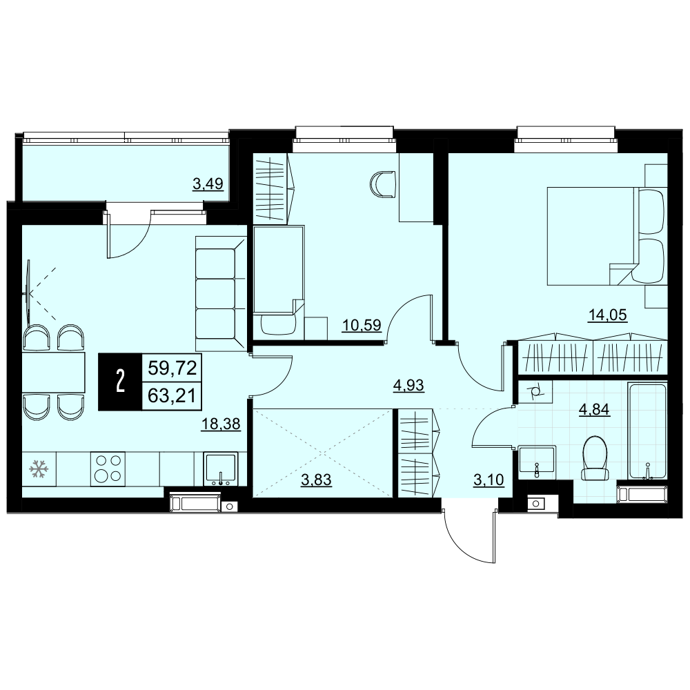 2-комнатная 61 м2 в ЖК Макрорайон Амград корпус null этаж 8