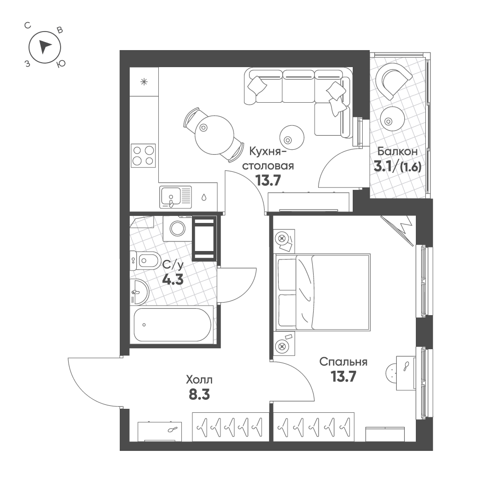 1-комнатная 41 м2 в ЖК Клюква.Парк корпус null этаж 11