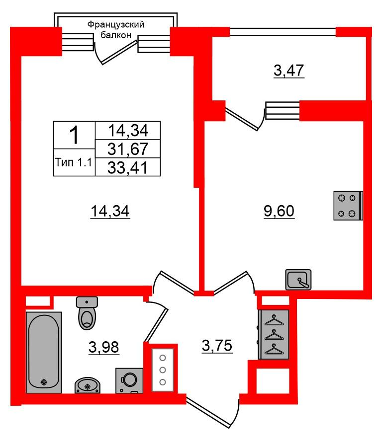 1-комнатная 31 м2 в ЖК Setl Ривьера корпус null этаж 4