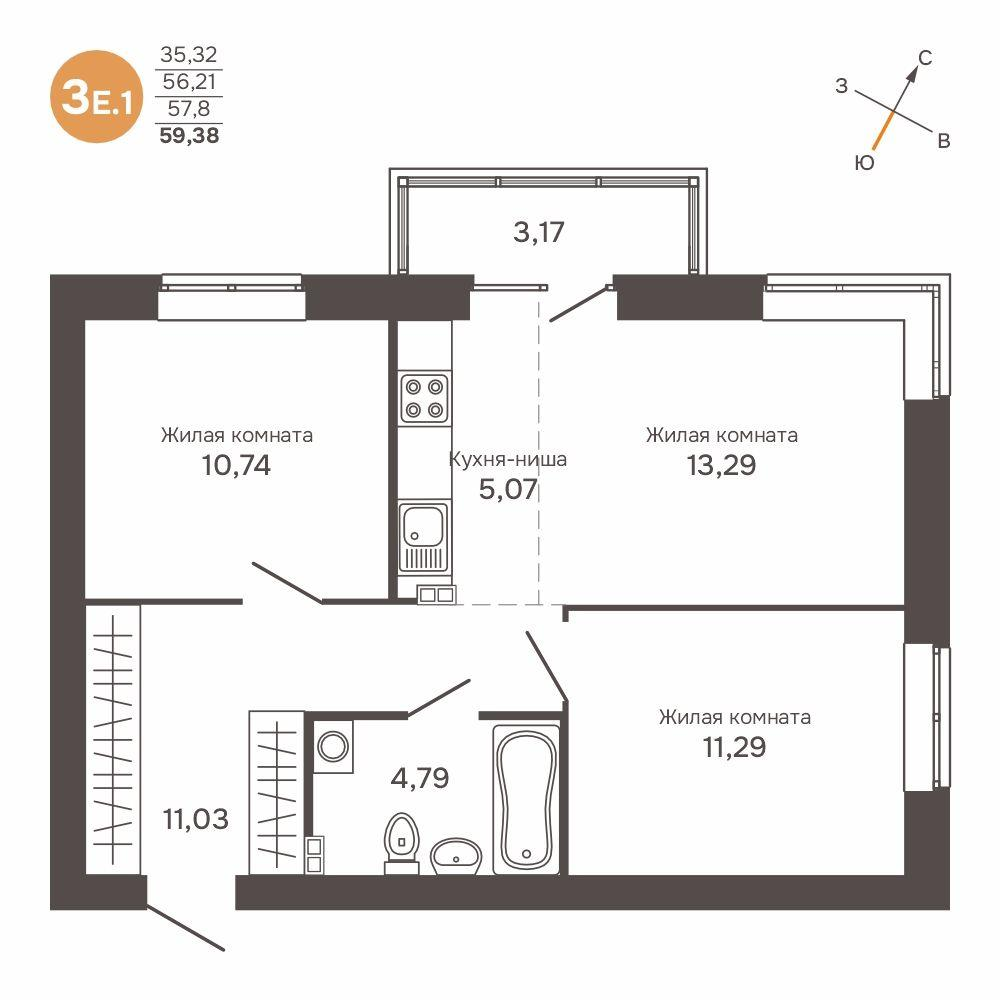 3-комнатная 57 м2 в ЖК Культура корпус null этаж 2