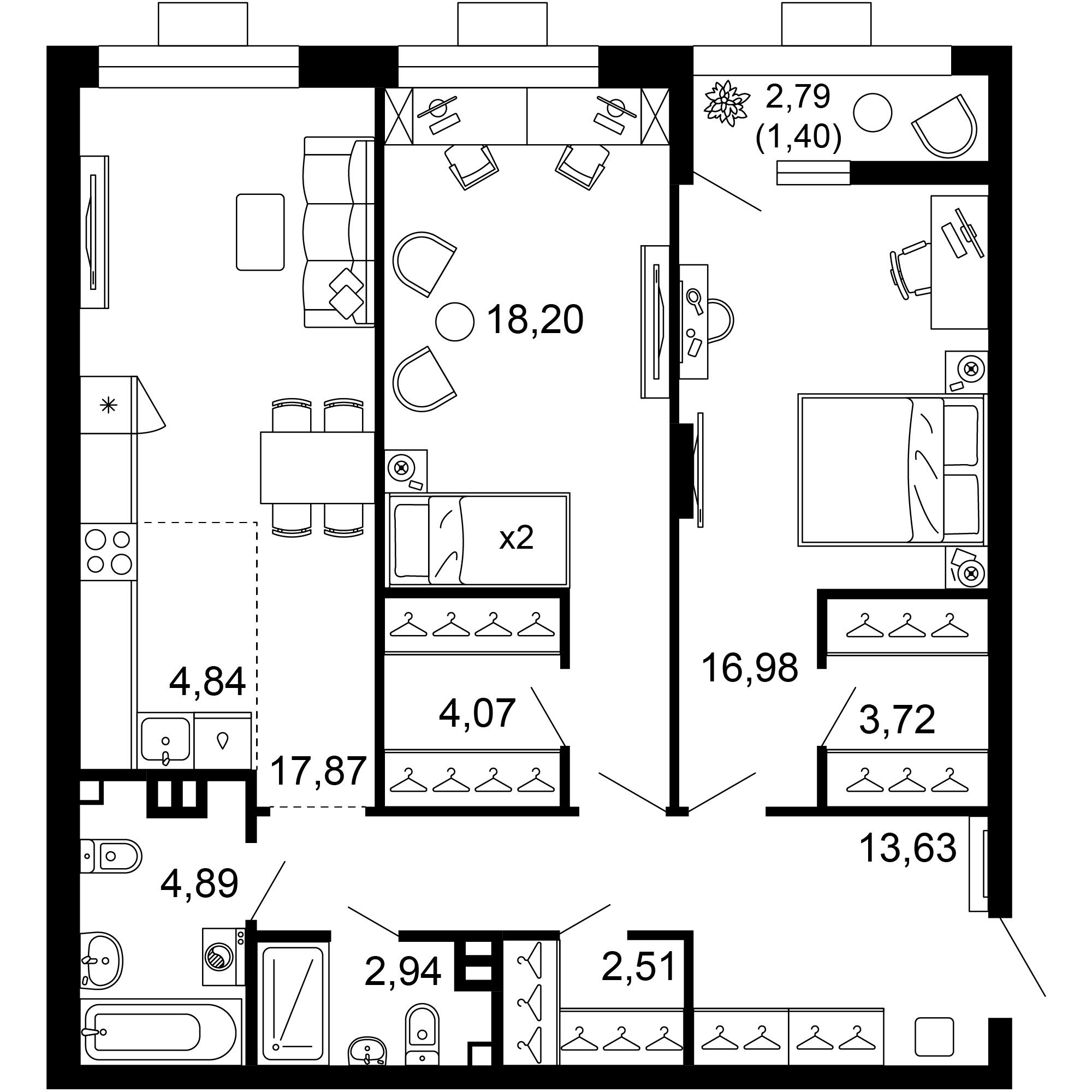3-комнатная 91 м2 в ЖК 1799 корпус null этаж 1