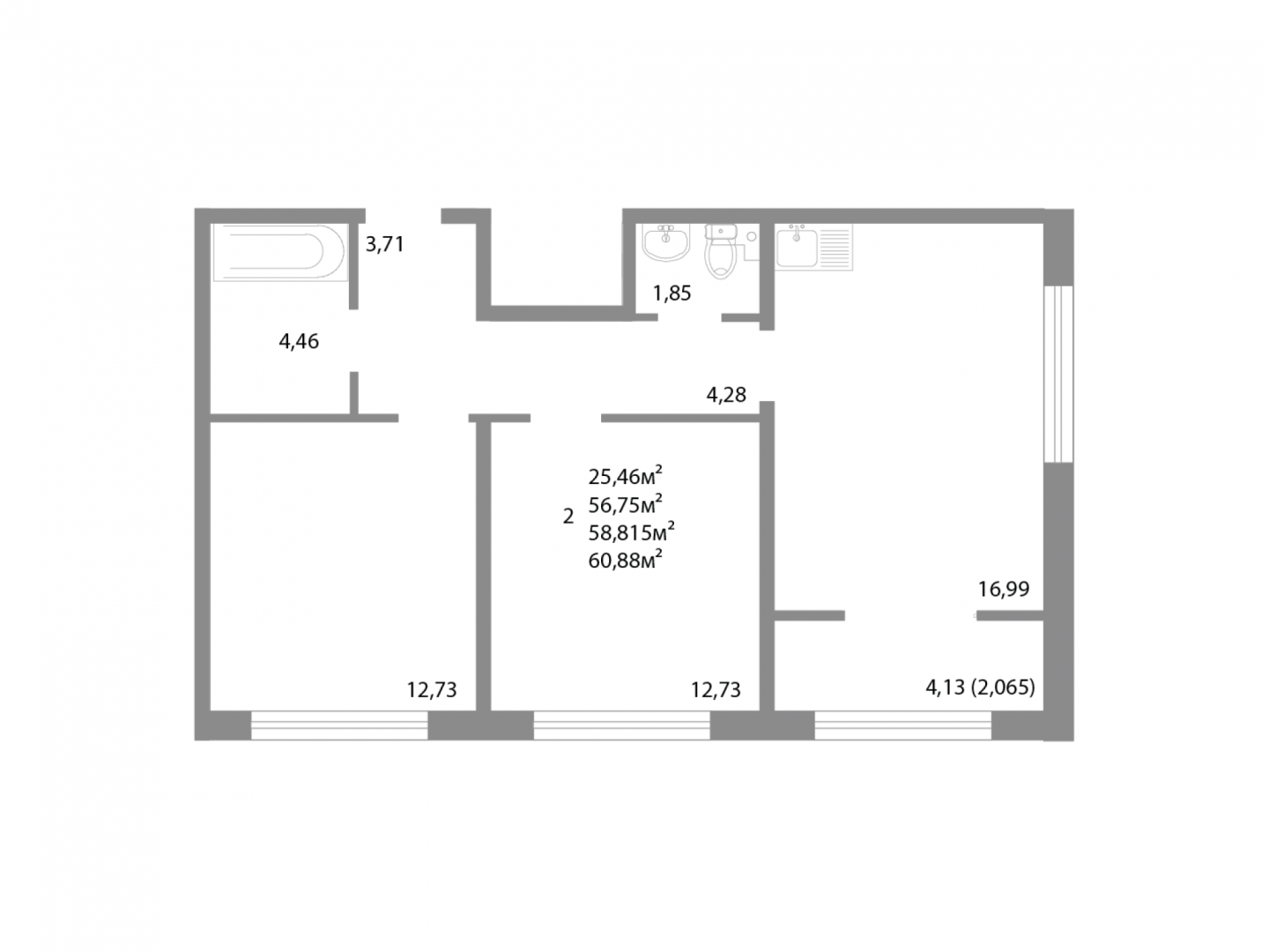 2-комнатная 58.8 м2 в ЖК undefined корпус null этаж 11