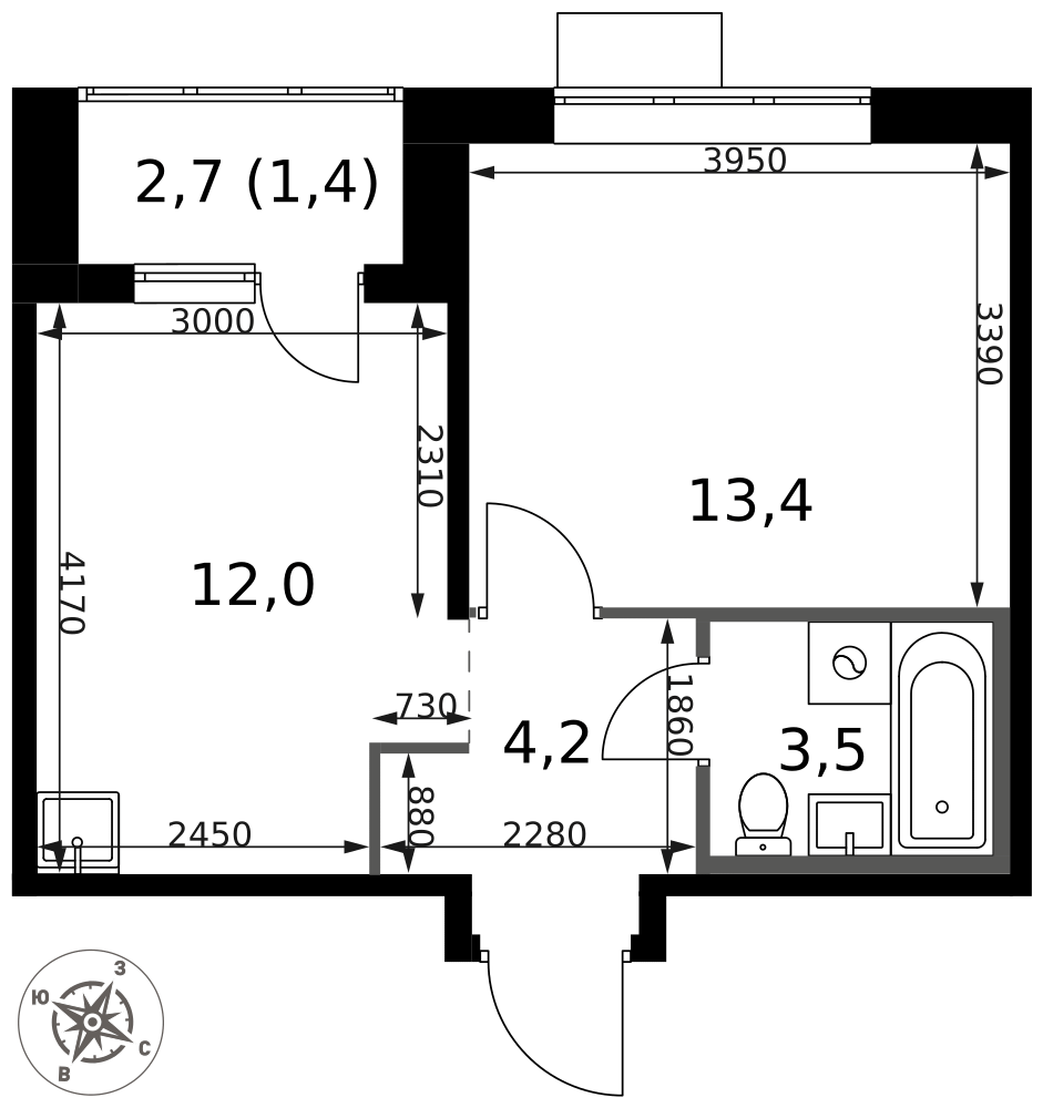 1-комнатная 34 м2 в ЖК 1-й Саларьевский корпус null этаж 16