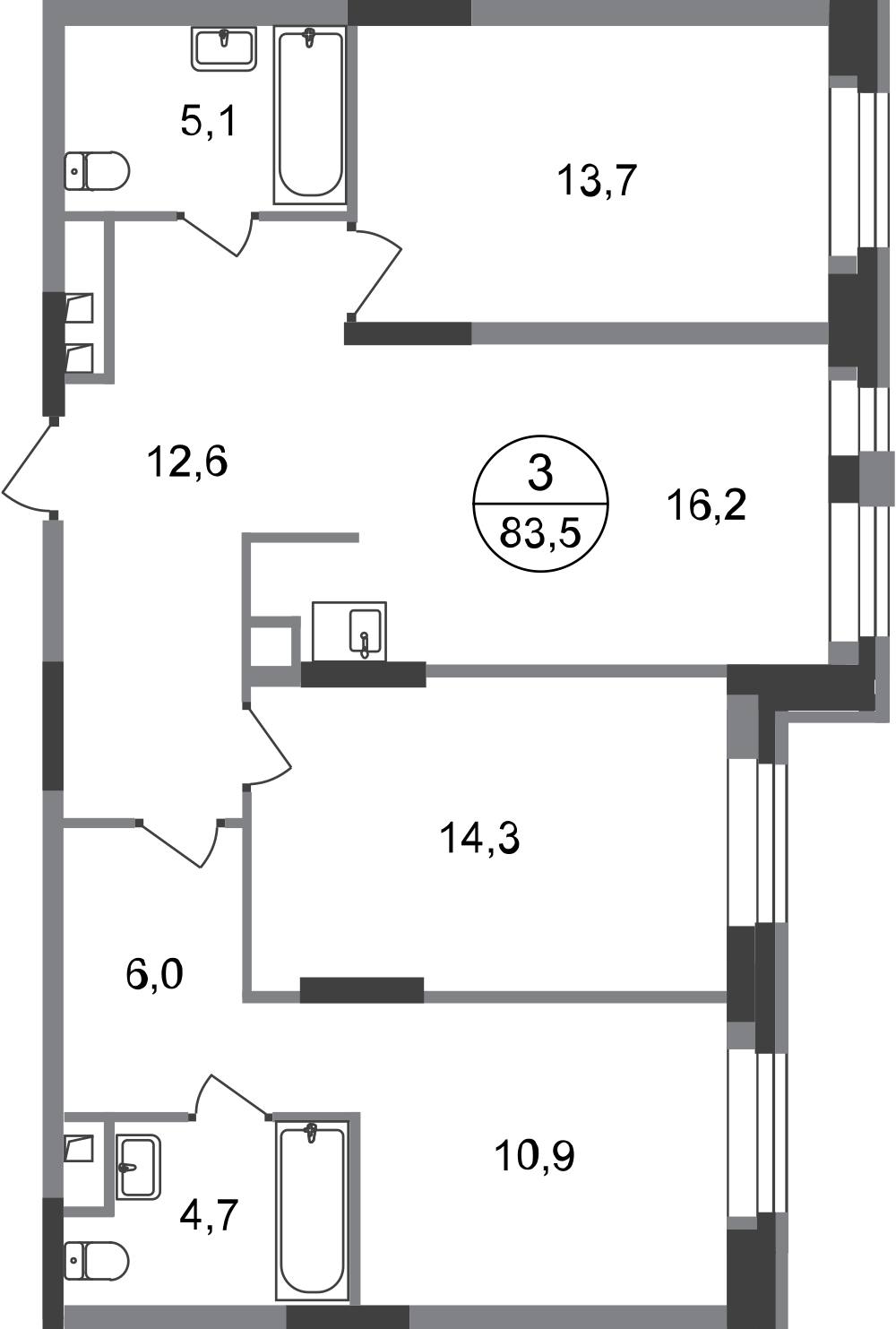 3-комнатная 83 м2 в ЖК Первый Московский корпус null этаж 1