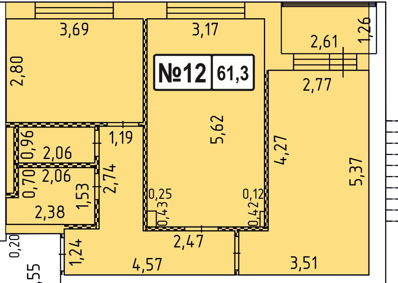 2-комнатная 61.3 м2 в ЖК undefined корпус null этаж 1
