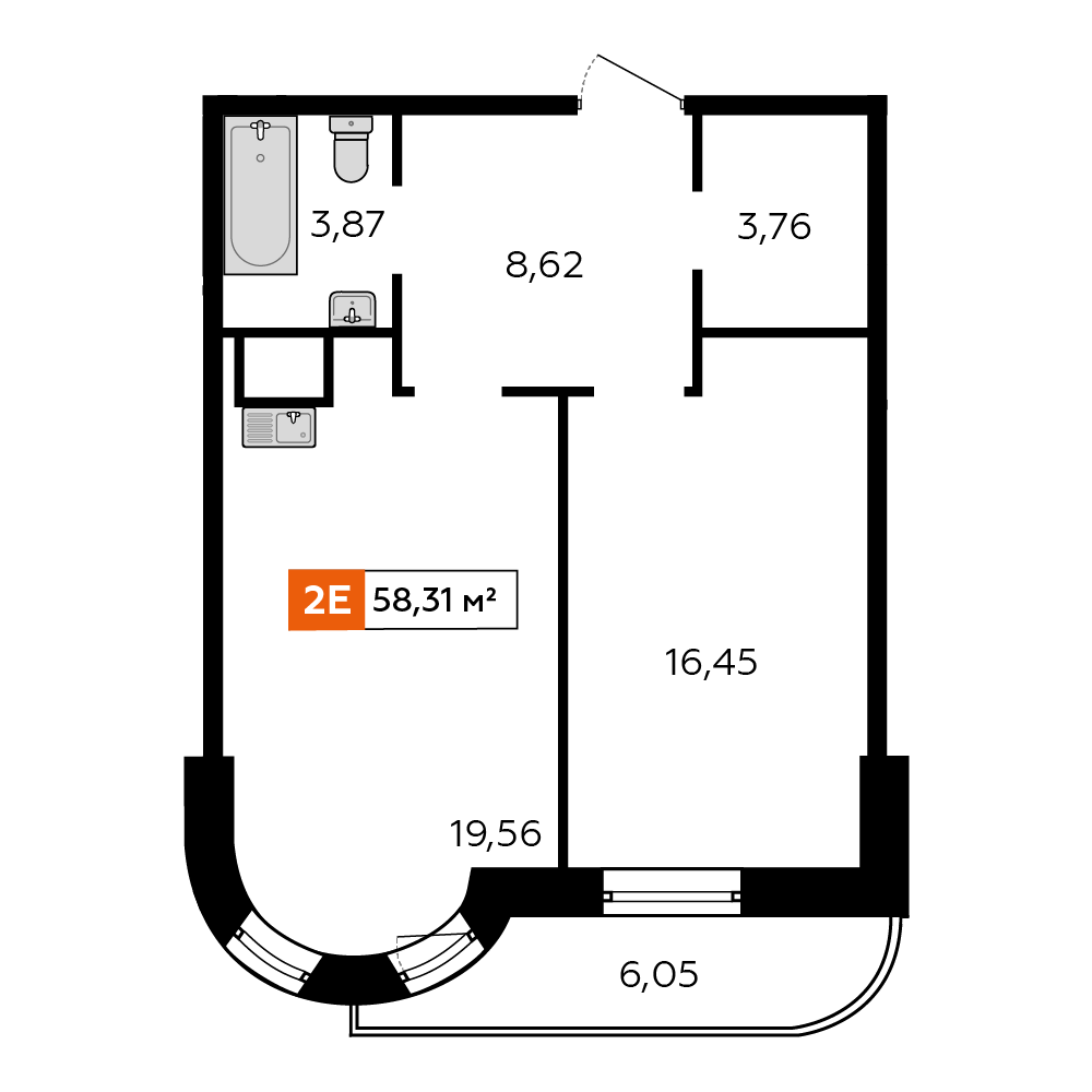 1-комнатная 57 м2 в ЖК Аккорд корпус null этаж 12