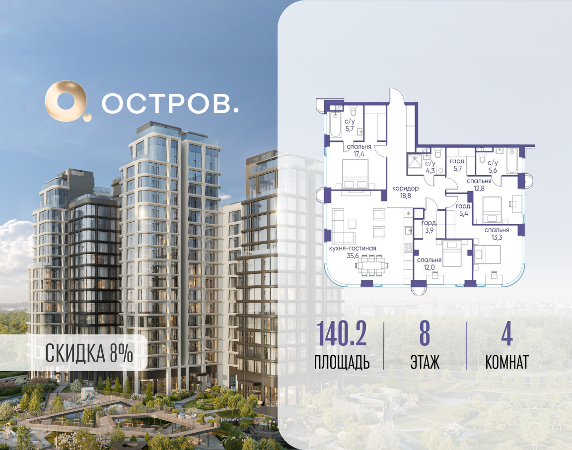 4-комнатная 140 м2 в ЖК Остров корпус null этаж 8